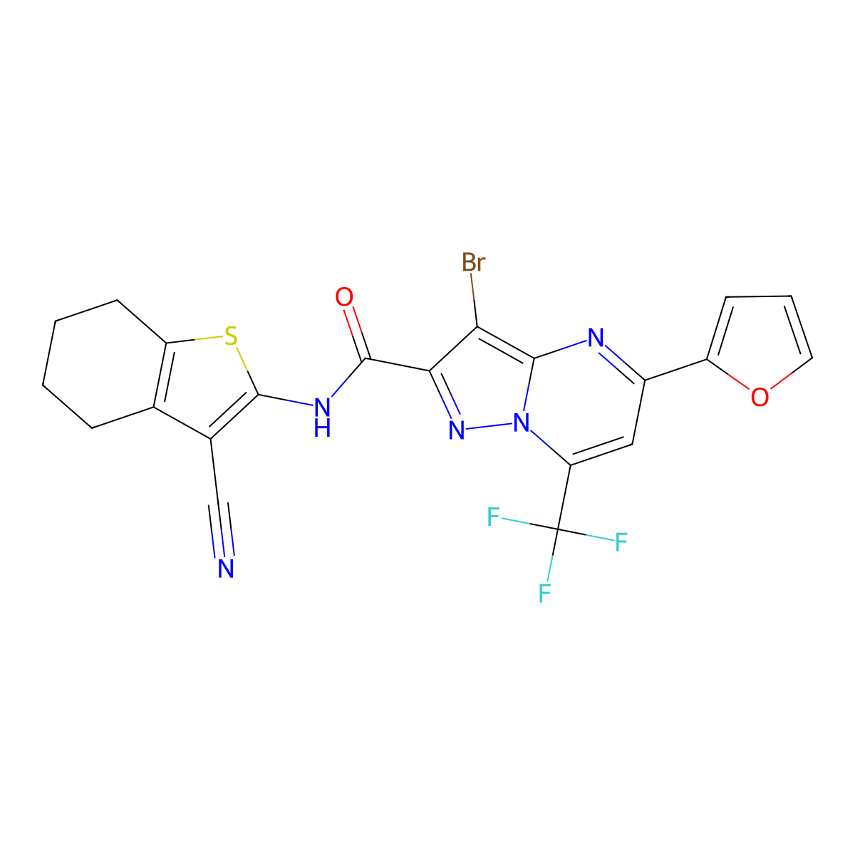 3-bromo-N-(3-cyano-4,5,6,7-tetrahydro-1-benzothiophen-2-yl)-5-(furan-2-yl)-7-(trifluoromethyl)pyrazolo[1,5-a]pyrimidine-2-carboxamide molecular structure, CAS 312509-57-2