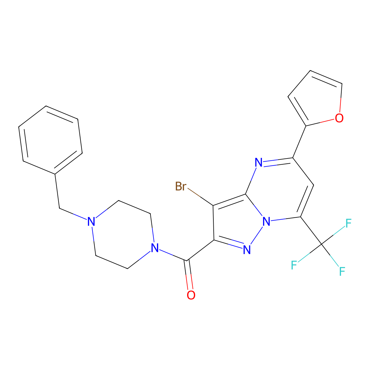 (4-Benzylpiperazin-1-yl)-[3-bromo-5-(furan-2-yl)-7-(trifluoromethyl)pyrazolo[1,5-a]pyrimidin-2-yl]methanone molecular structure, CAS 312509-58-3