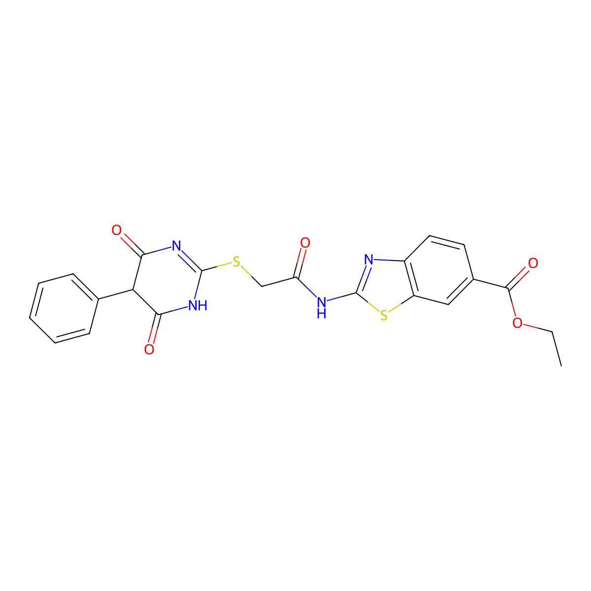 Ethyl 2-({[(4,6-dioxo-5-phenyl-1,4,5,6-tetrahydropyrimidin-2-yl)sulfanyl]acetyl}amino)-1,3-benzothiazole-6-carboxylate molecular structure, CAS 312510-43-3