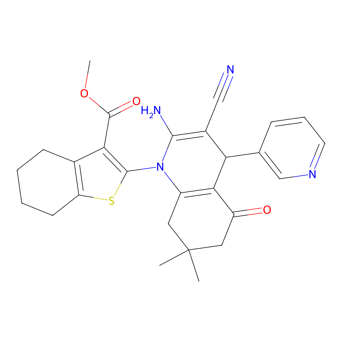 Methyl 2-(2-amino-3-cyano-7,7-dimethyl-5-oxo-4-(3-pyridinyl)-5,6,7,8-tetrahydro-1(4H)-quinolinyl)-4,5,6,7-tetrahydro-1-benzothiophene-3-carboxylate molecular structure, CAS 312512-58-6