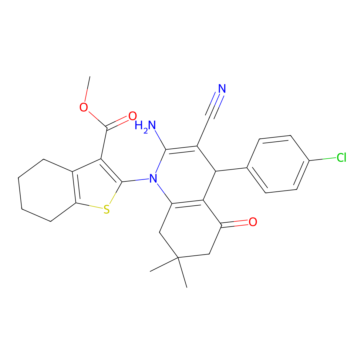 Methyl 2-(2-amino-4-(4-chlorophenyl)-3-cyano-7,7-dimethyl-5-oxo-5,6,7,8-tetrahy dro-1(4H)-quinolinyl)-4,5,6,7-tetrahydro-1-benzothiophene-3-carboxylate molecular structure, CAS 312512-59-7