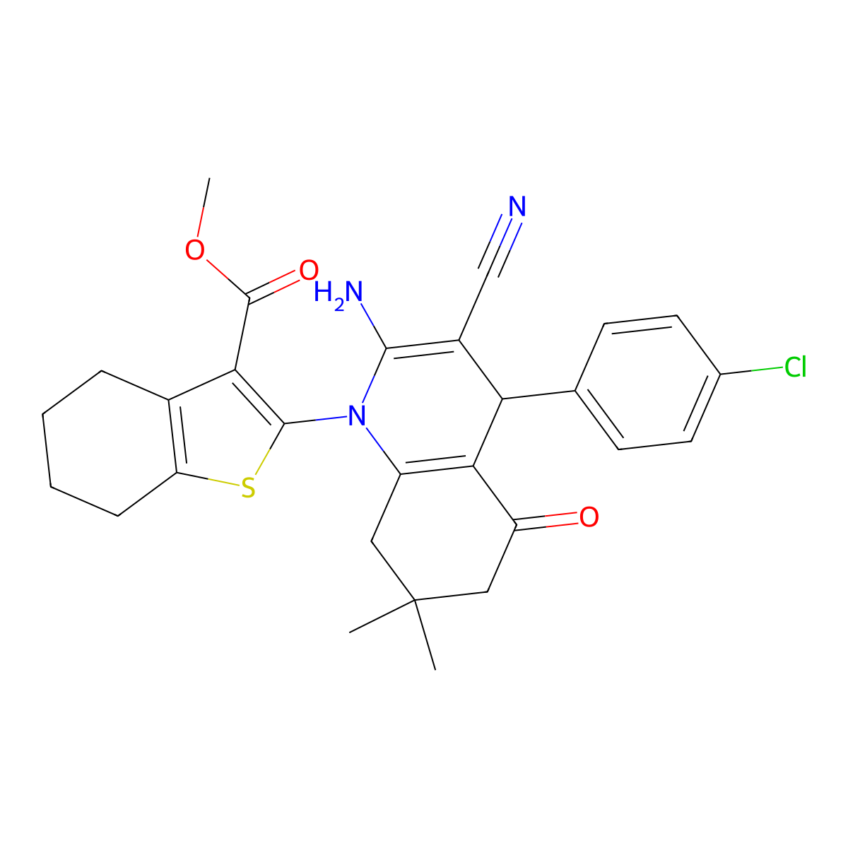 Methyl 2-(2-amino-4-(4-chlorophenyl)-3-cyano-7,7-dimethyl-5-oxo-5,6,7,8-tetrahy dro-1(4H)-quinolinyl)-4,5,6,7-tetrahydro-1-benzothiophene-3-carboxylate molecular structure, CAS 312512-59-7