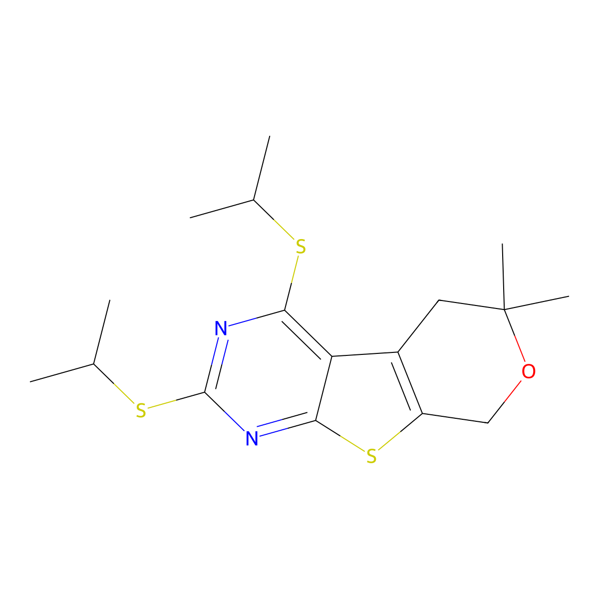 2,4-bis(isopropylsulfanyl)-6,6-dimethyl-5,8-dihydro-6H-pyrano[4',3':4,5]thieno[2,3-d]pyrimidine molecular structure, CAS 312513-65-8