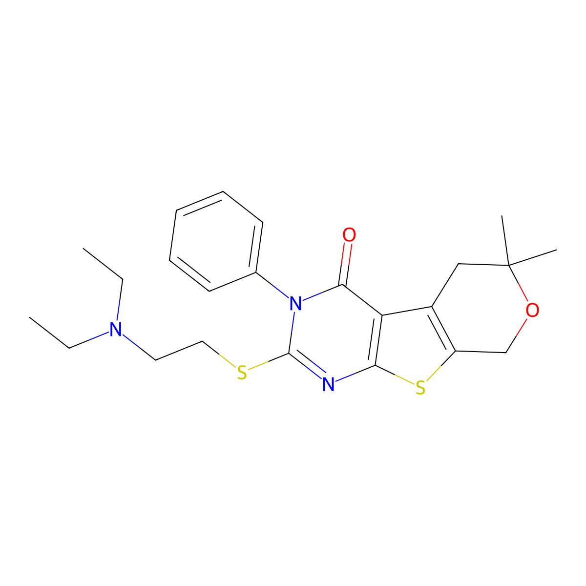 2-{[2-(diethylamino)ethyl]sulfanyl}-6,6-dimethyl-3-phenyl-3,5,6,8-tetrahydro-4H-pyrano[4',3':4,5]thieno[2,3-d]pyrimidin-4-one molecular structure, CAS 312513-67-0