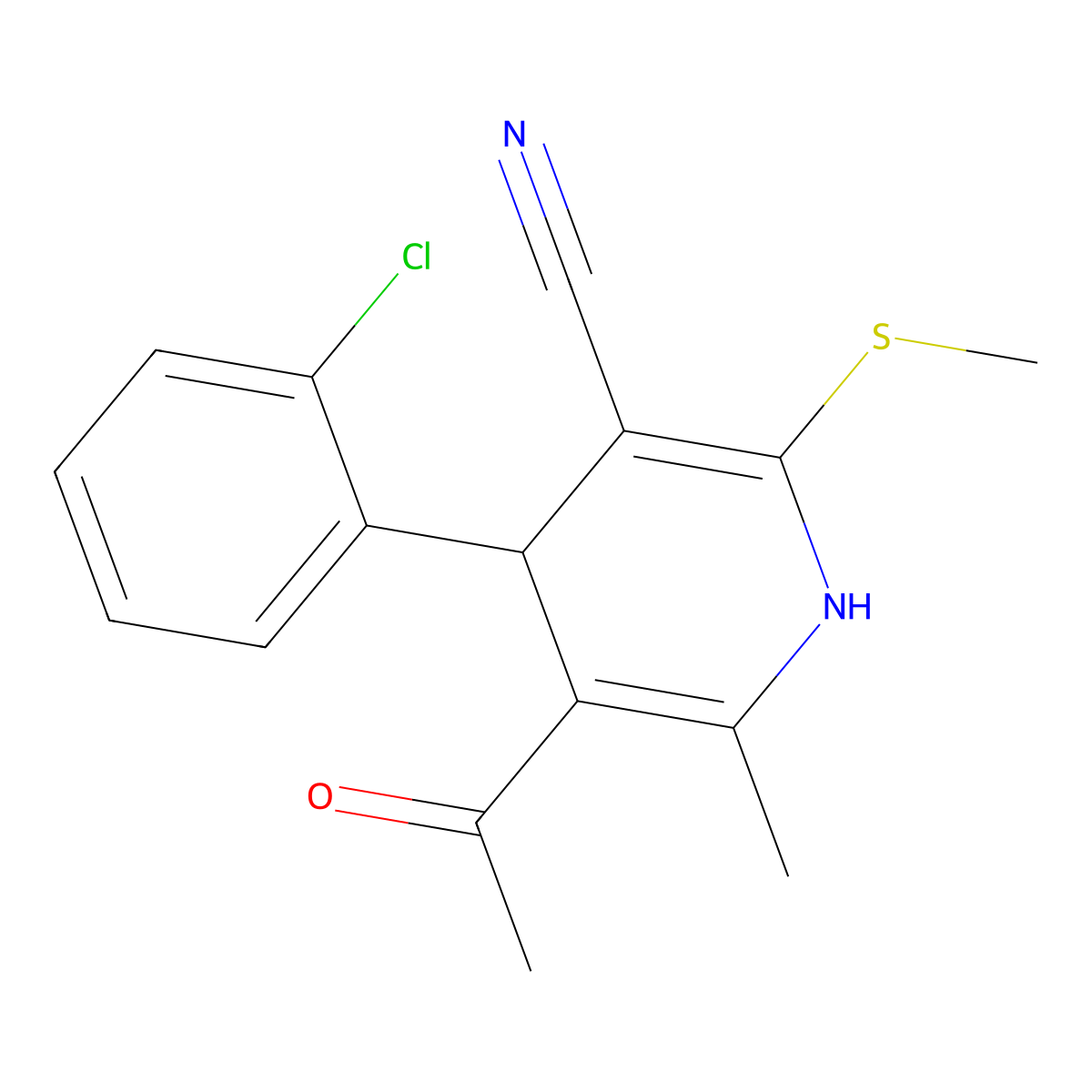 5-Acetyl-4-(2-chlorophenyl)-6-methyl-2-methylsulfanyl-1,4-dihydropyridine-3-carbonitrile molecular structure, CAS 312514-49-1