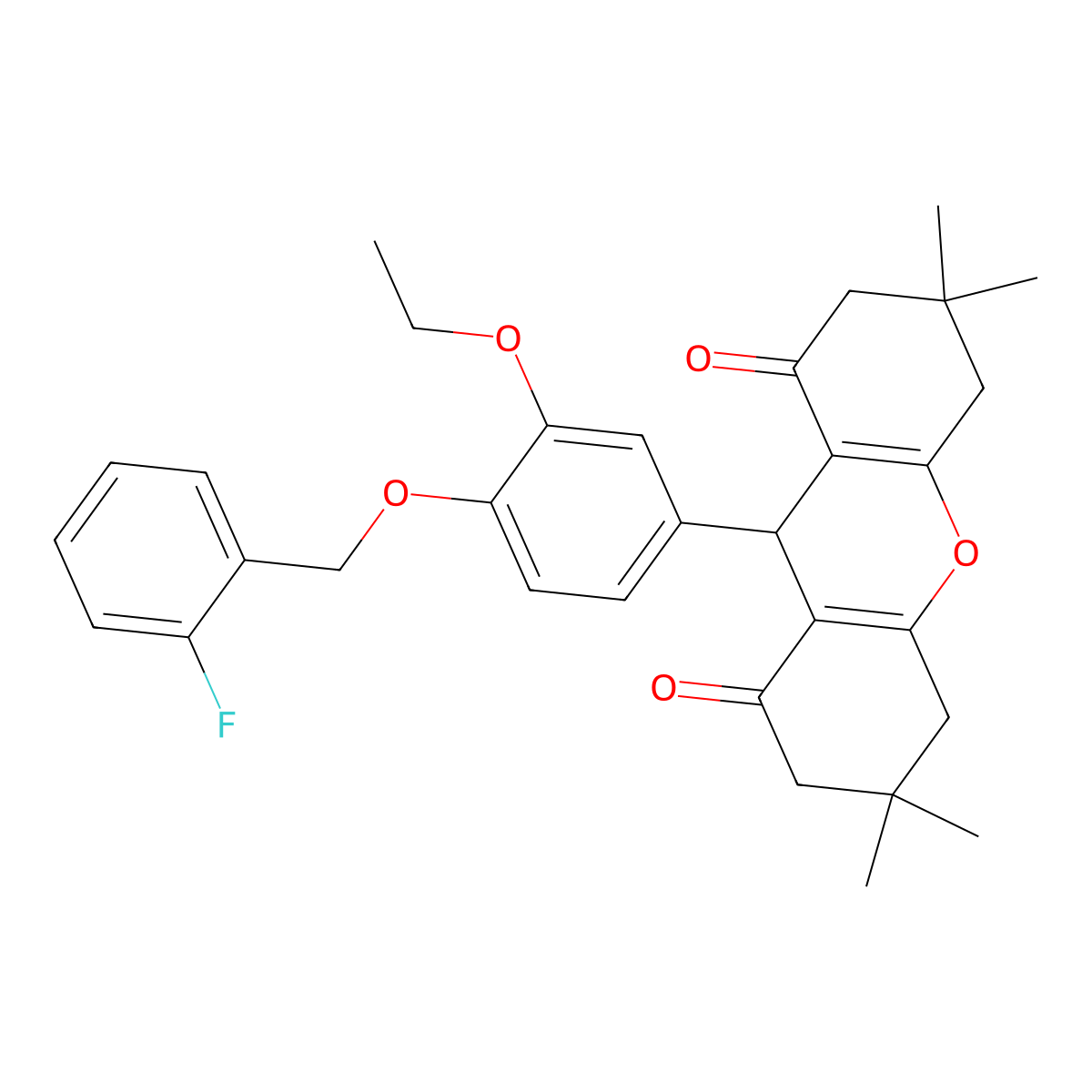 9-[3-ethoxy-4-[(2-fluorophenyl)methoxy]phenyl]-3,3,6,6-tetramethyl-4,5,7,9-tetrahydro-2H-xanthene-1,8-dione molecular structure, CAS 312514-78-6
