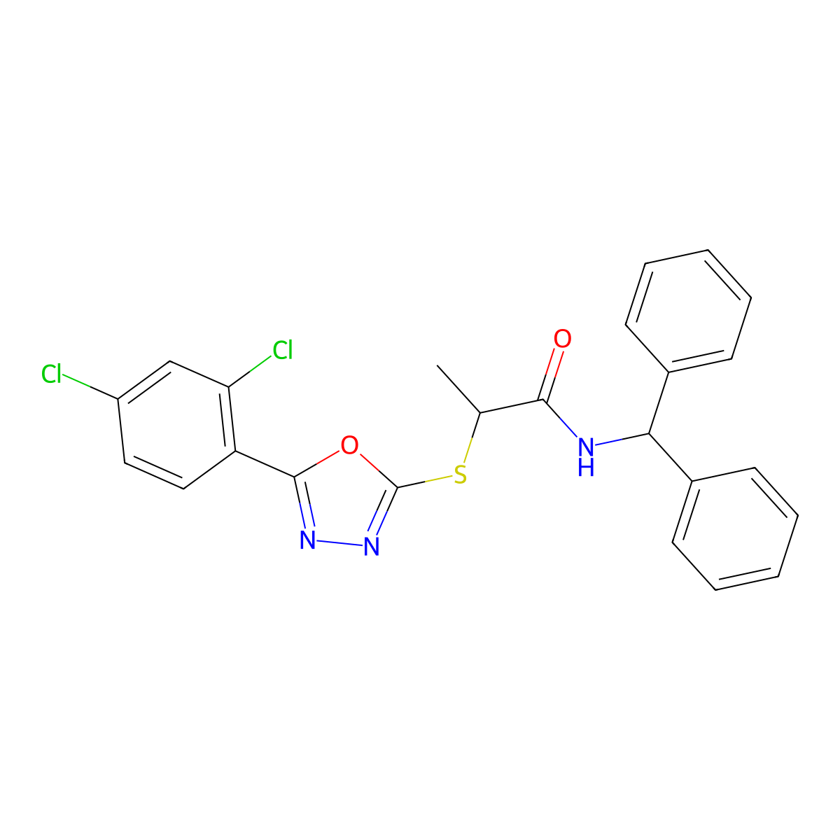 N-benzhydryl-2-((5-(2,4-dichlorophenyl)-1,3,4-oxadiazol-2-yl)thio)propanamide molecular structure, CAS 312515-54-1