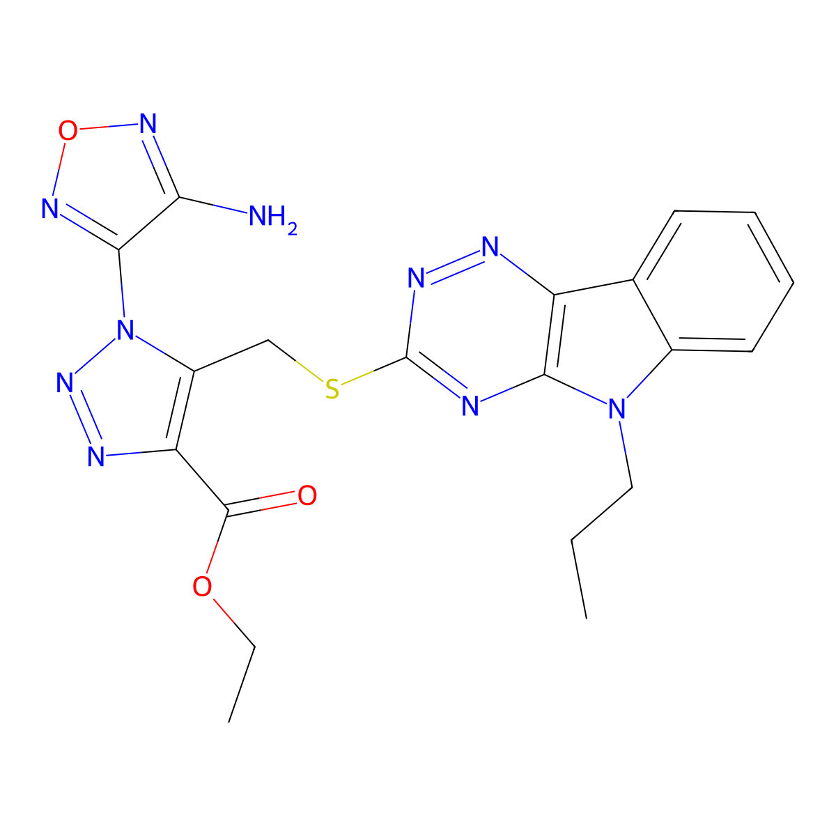 ethyl 1-(4-amino-1,2,5-oxadiazol-3-yl)-5-{[(5-propyl-5H-[1,2,4]triazino[5,6-b]indol-3-yl)sulfanyl]methyl}-1H-1,2,3-triazole-4-carboxylate molecular structure, CAS 312519-26-9