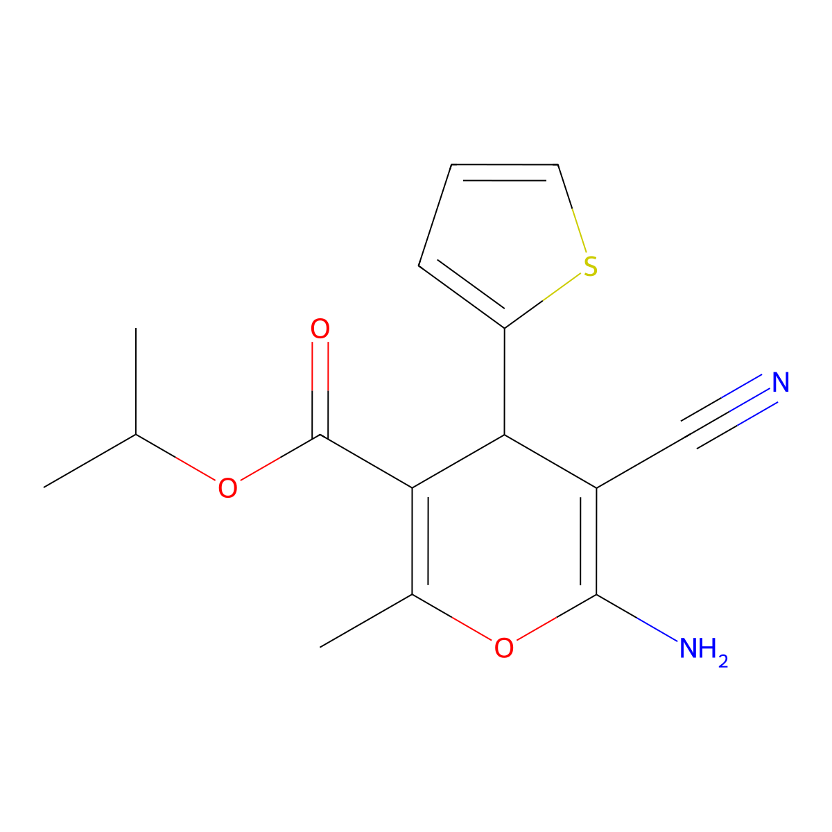 isopropyl 6-amino-5-cyano-2-methyl-4-(2-thienyl)-4H-pyran-3-carboxylate molecular structure, CAS 312519-66-7
