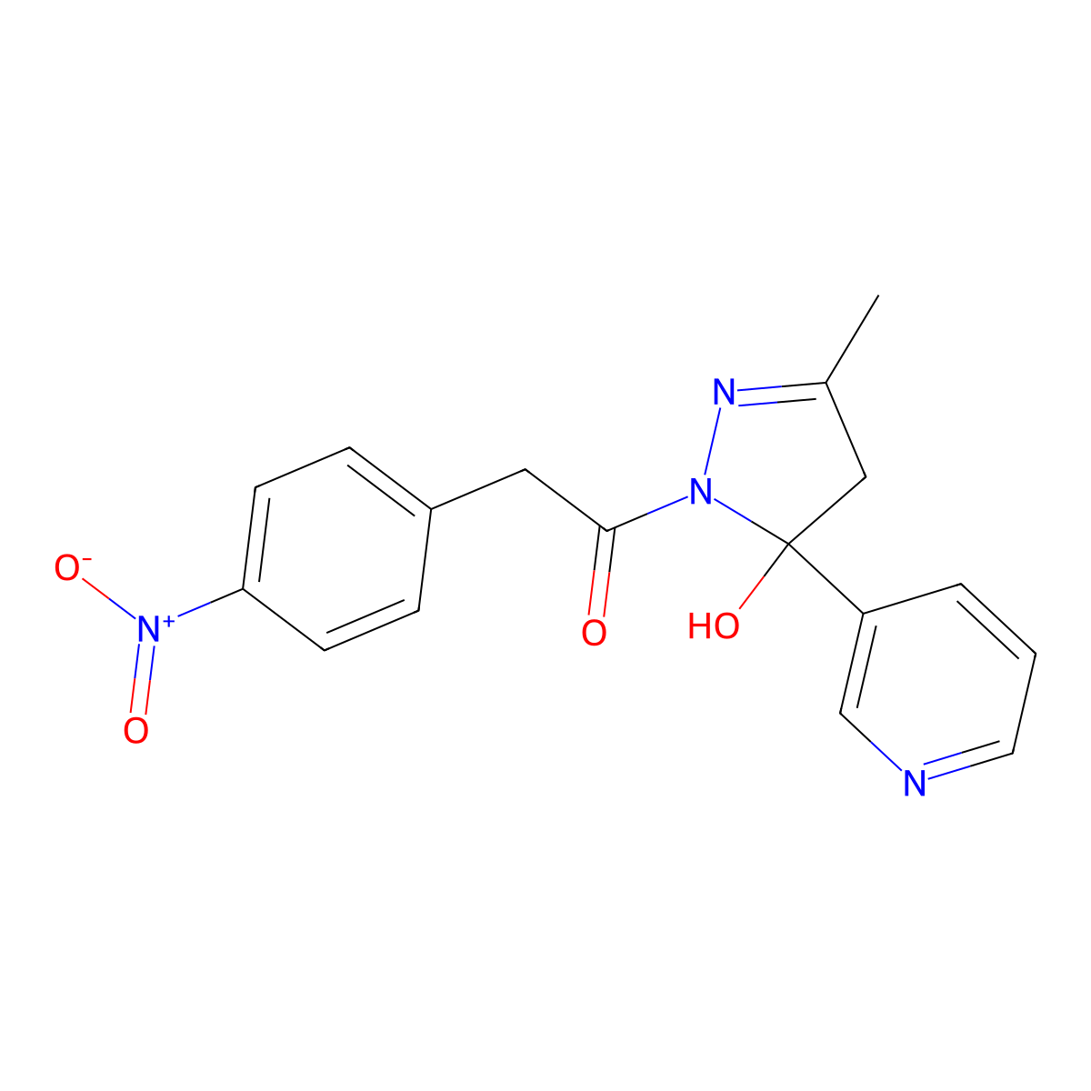 1-(5-hydroxy-3-methyl-5-pyridin-3-yl-4H-pyrazol-1-yl)-2-(4-nitrophenyl)ethanone molecular structure, CAS 312520-26-6
