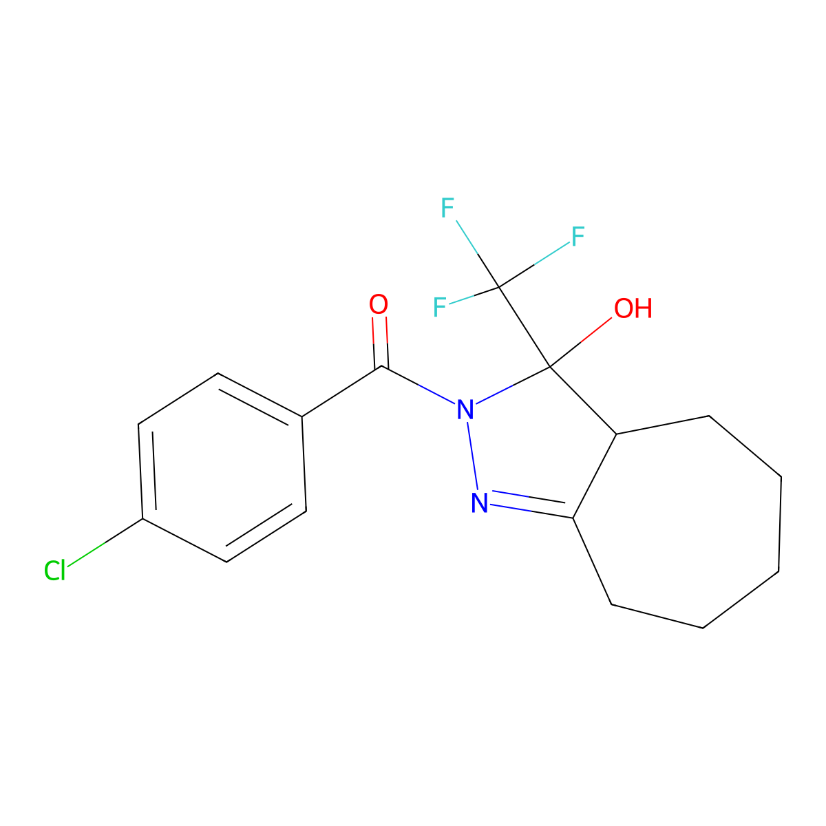 (4-Chlorophenyl)-[3-hydroxy-3-(trifluoromethyl)-3a,4,5,6,7,8-hexahydrocyclohepta[c]pyrazol-2-yl]methanone molecular structure, CAS 312521-69-0