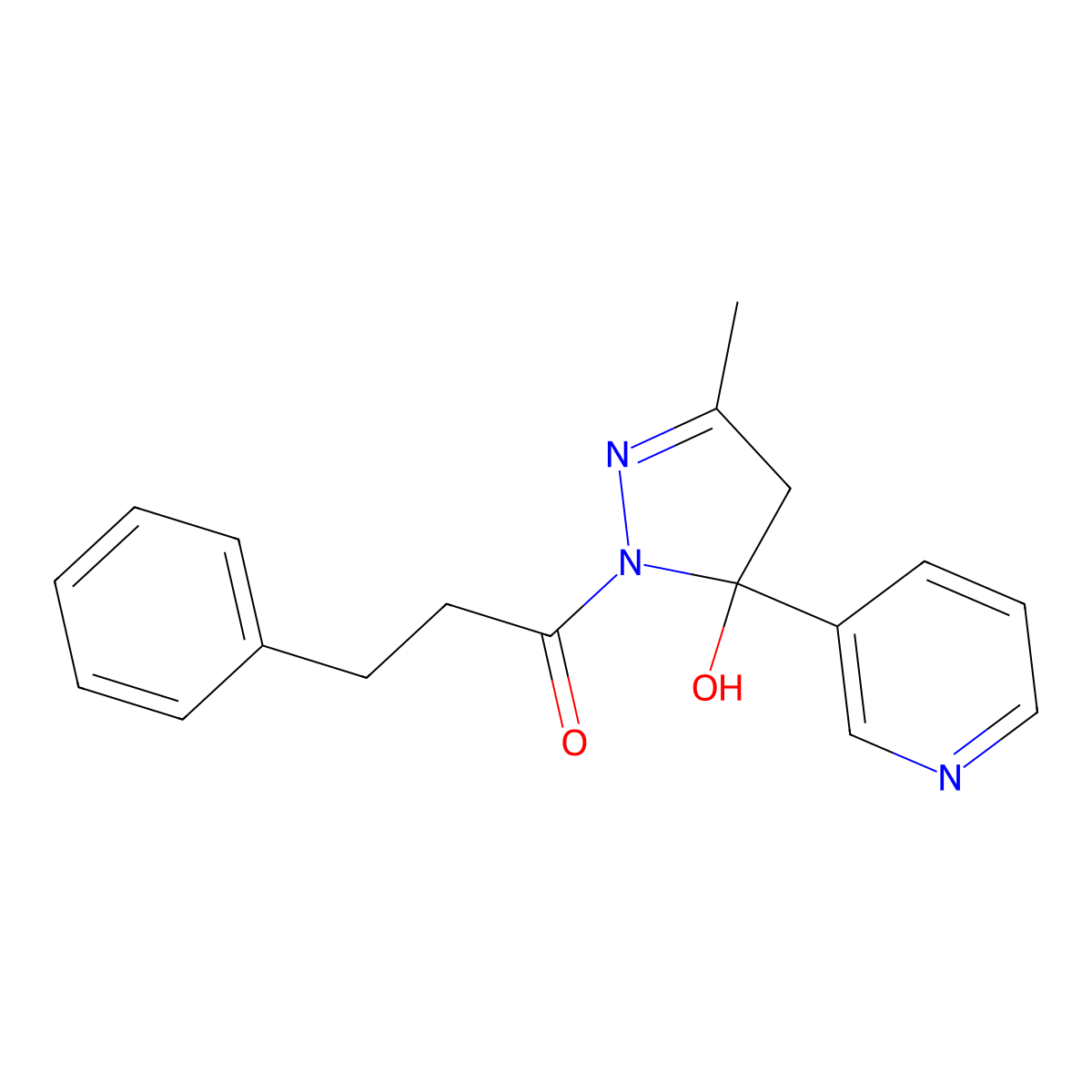 1-(5-hydroxy-3-methyl-5-pyridin-3-yl-4H-pyrazol-1-yl)-3-phenylpropan-1-one molecular structure, CAS 312521-70-3