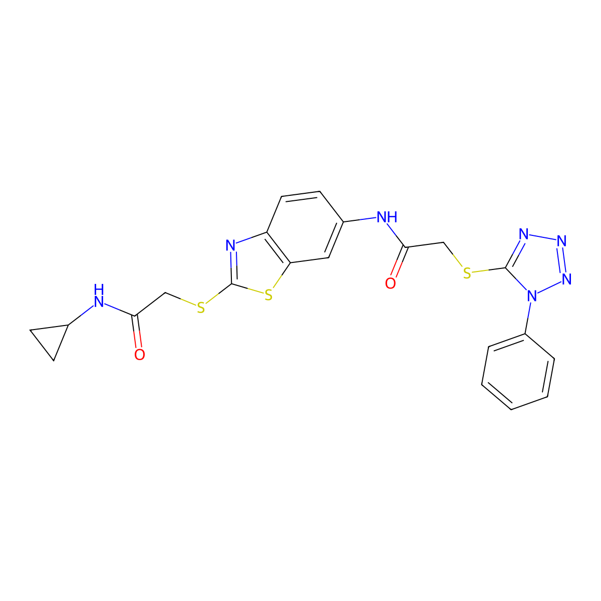 N-[2-[2-(cyclopropylamino)-2-oxoethyl]sulfanyl-1,3-benzothiazol-6-yl]-2-(1-phenyltetrazol-5-yl)sulfanylacetamide molecular structure, CAS 312522-22-8