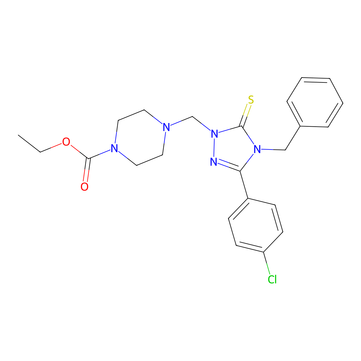 Ethyl 4-((3-(4-chlorophenyl)-4,5-dihydro-4-(phenylmethyl)-5-thioxo-1H-1,2,4-triazol-1-yl)methyl)-1-piperazinecarboxylate molecular structure, CAS 312523-57-2