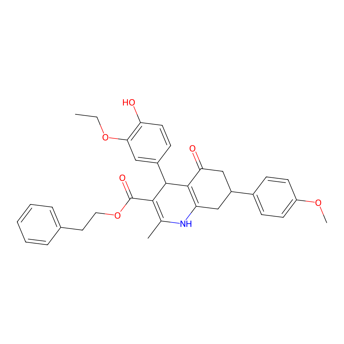 2-Phenylethyl 4-(3-ethoxy-4-hydroxyphenyl)-7-(4-methoxyphenyl)-2-methyl-5-oxo-1,4,5,6,7,8-hexahydroquinoline-3-carboxylate molecular structure, CAS 312526-43-5