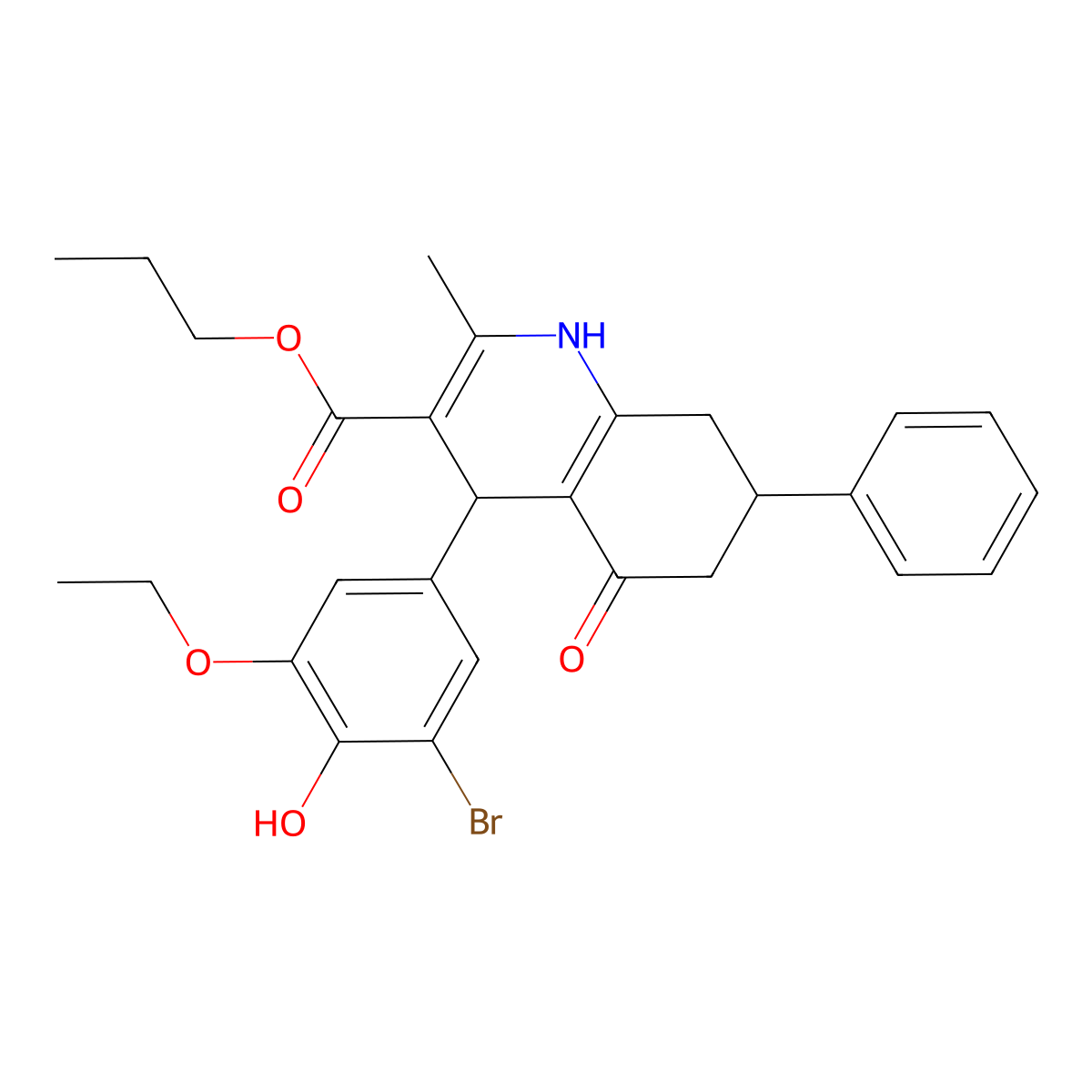 Propyl 4-(3-bromo-5-ethoxy-4-hydroxyphenyl)-2-methyl-5-oxo-7-phenyl-1,4,5,6,7,8-hexahydroquinoline-3-carboxylate molecular structure, CAS 312526-44-6