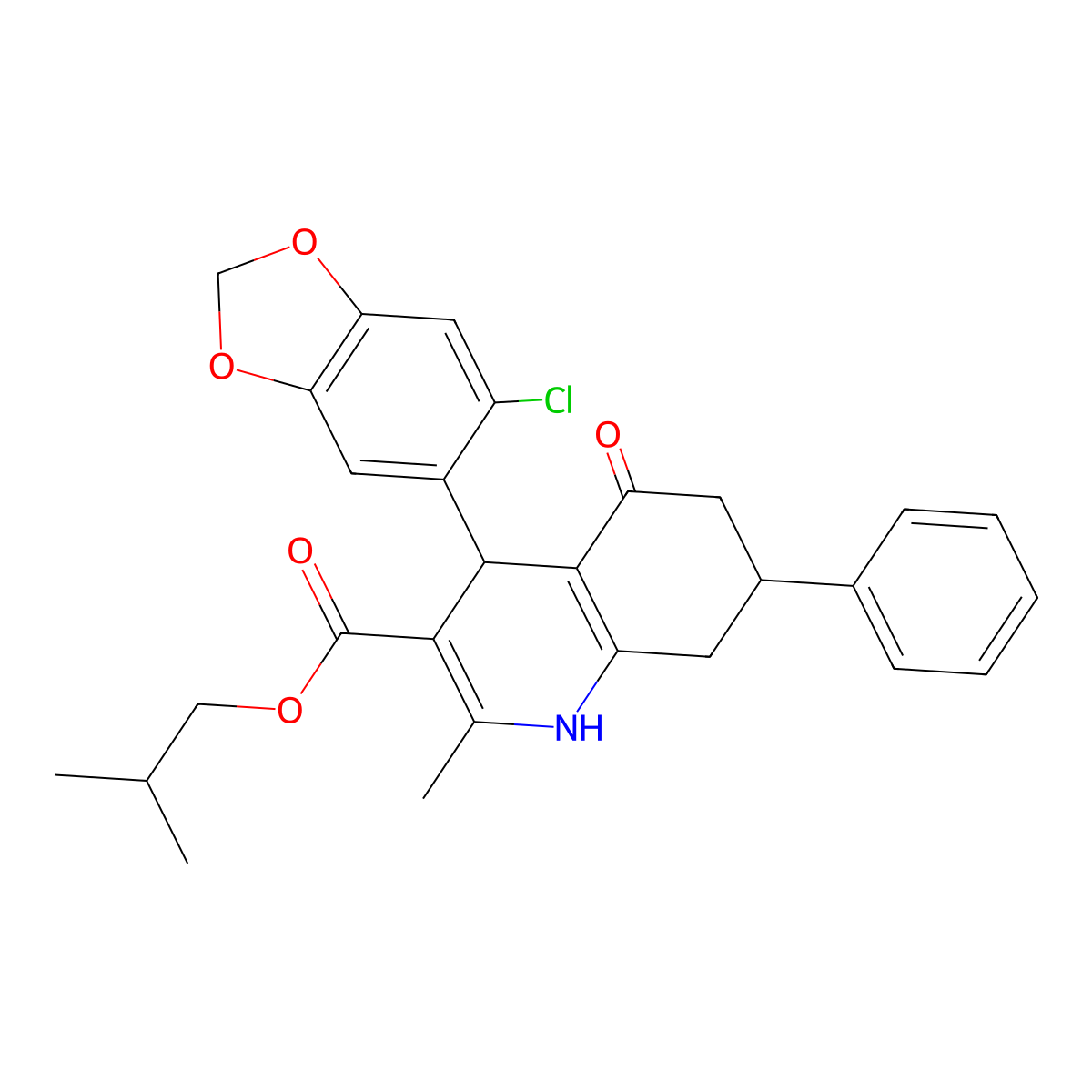 Isobutyl 4-(6-chloro-1,3-benzodioxol-5-yl)-2-methyl-5-oxo-7-phenyl-1,4,5,6,7,8-hexahydro-3-quinolinecarboxylate molecular structure, CAS 312526-46-8