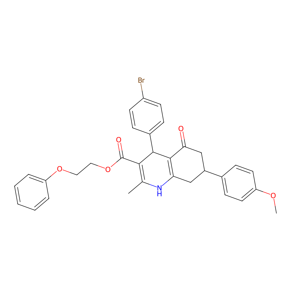 2-Phenoxyethyl 4-(4-bromophenyl)-7-(4-methoxyphenyl)-2-methyl-5-oxo-1,4,5,6,7,8-hexahydroquinoline-3-carboxylate molecular structure, CAS 312526-50-4