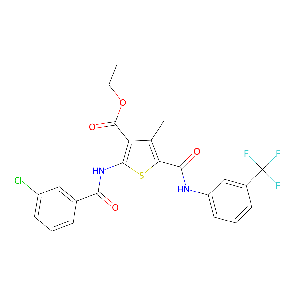 Ethyl 2-(3-chlorobenzamido)-4-methyl-5-{[3-(trifluoromethyl)phenyl]carbamoyl}thiophene-3-carboxylate molecular structure, CAS 312526-93-5
