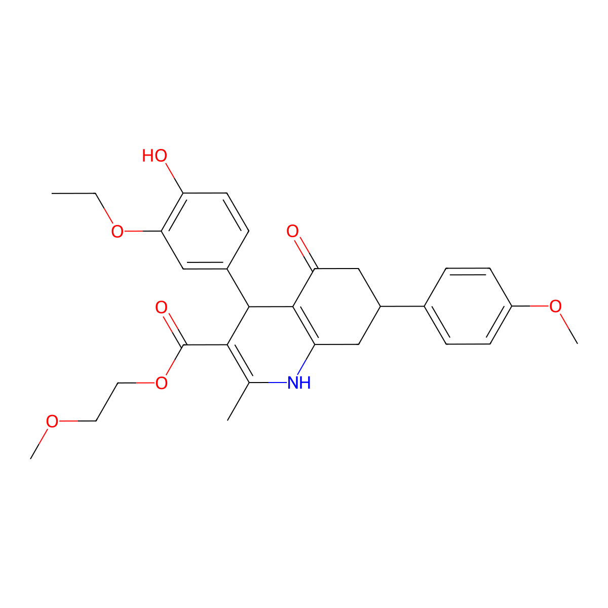 2-Methoxyethyl 4-(3-ethoxy-4-hydroxyphenyl)-7-(4-methoxyphenyl)-2-methyl-5-oxo-1,4,5,6,7,8-hexahydroquinoline-3-carboxylate molecular structure, CAS 312527-06-3