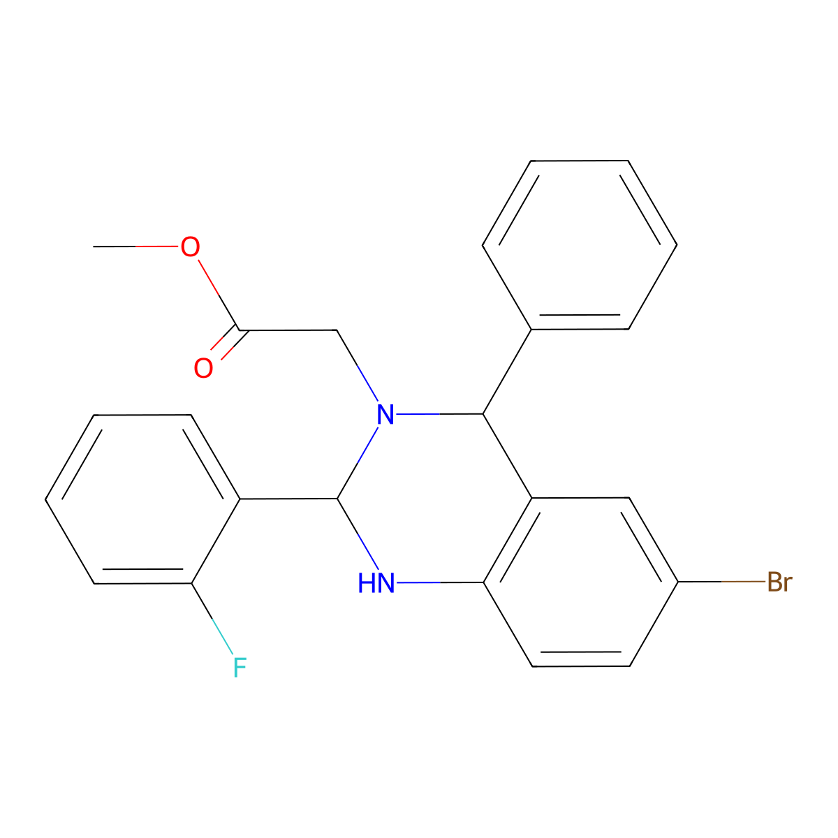 Methyl 2-[6-bromo-2-(2-fluorophenyl)-4-phenyl-1,2,3,4-tetrahydroquinazolin-3-yl]acetate molecular structure, CAS 312527-82-5