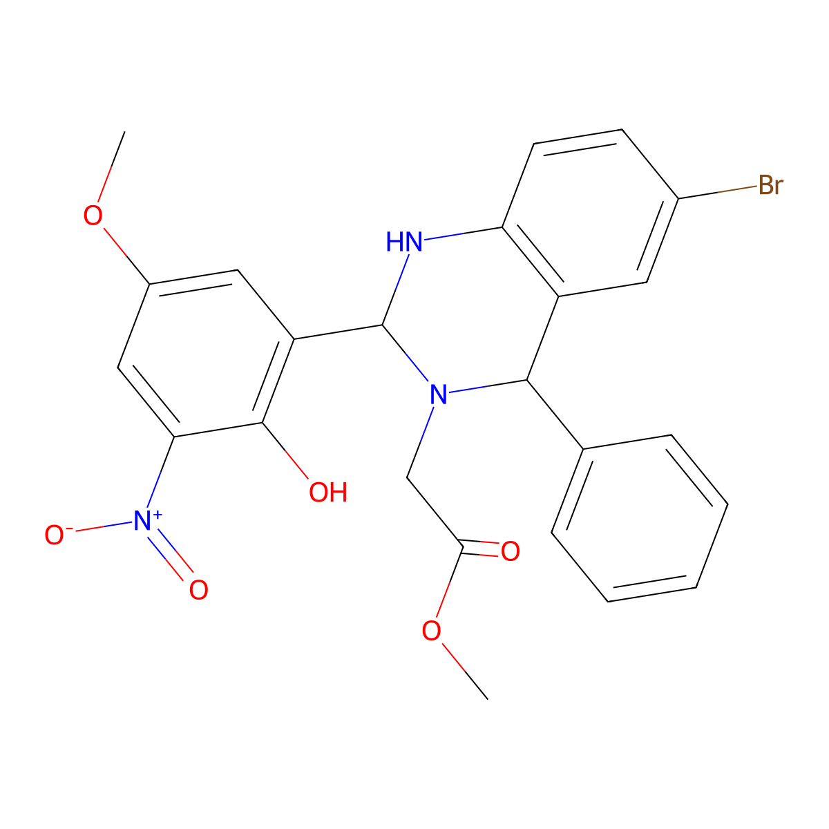 methyl 2-[6-bromo-2-(2-hydroxy-5-methoxy-3-nitrophenyl)-4-phenyl-2,4-dihydro-1H-quinazolin-3-yl]acetate molecular structure, CAS 312527-87-0