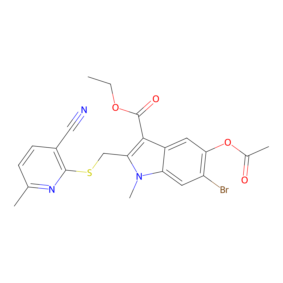 Ethyl 5-acetyloxy-6-bromo-2-[(3-cyano-6-methylpyridin-2-yl)sulfanylmethyl]-1-methylindole-3-carboxylate molecular structure, CAS 312530-70-4