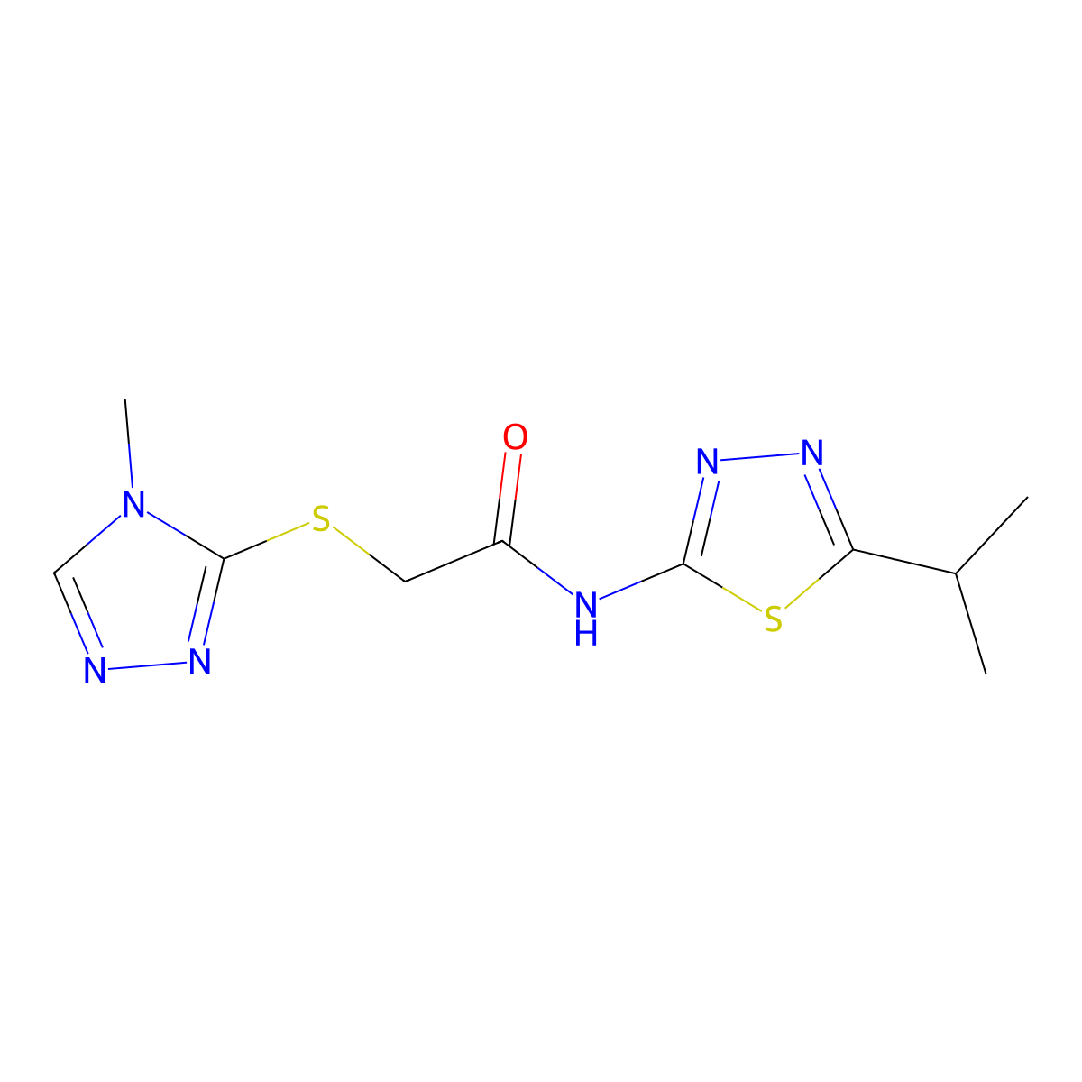 N-(5-isopropyl-1,3,4-thiadiazol-2-yl)-2-((4-methyl-4H-1,2,4-triazol-3-yl)thio)acetamide molecular structure, CAS 312531-12-7