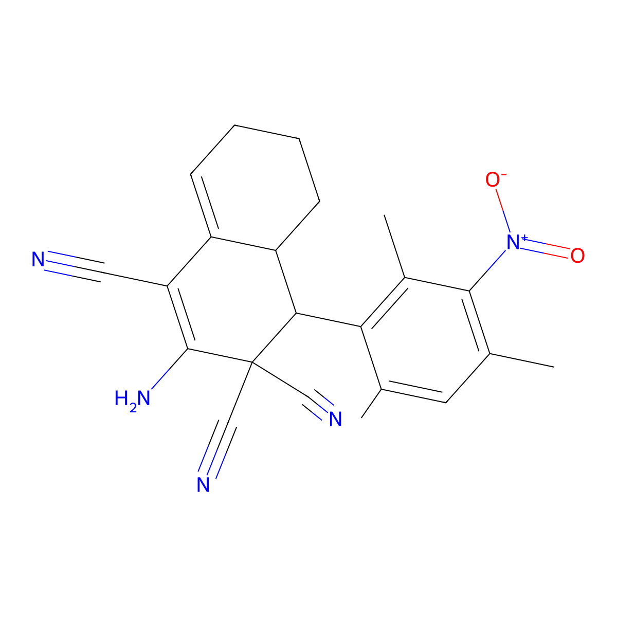 2-amino-4-(2,4,6-trimethyl-3-nitrophenyl)-4a,5,6,7-tetrahydro-4H-naphthalene-1,3,3-tricarbonitrile molecular structure, CAS 312531-28-5