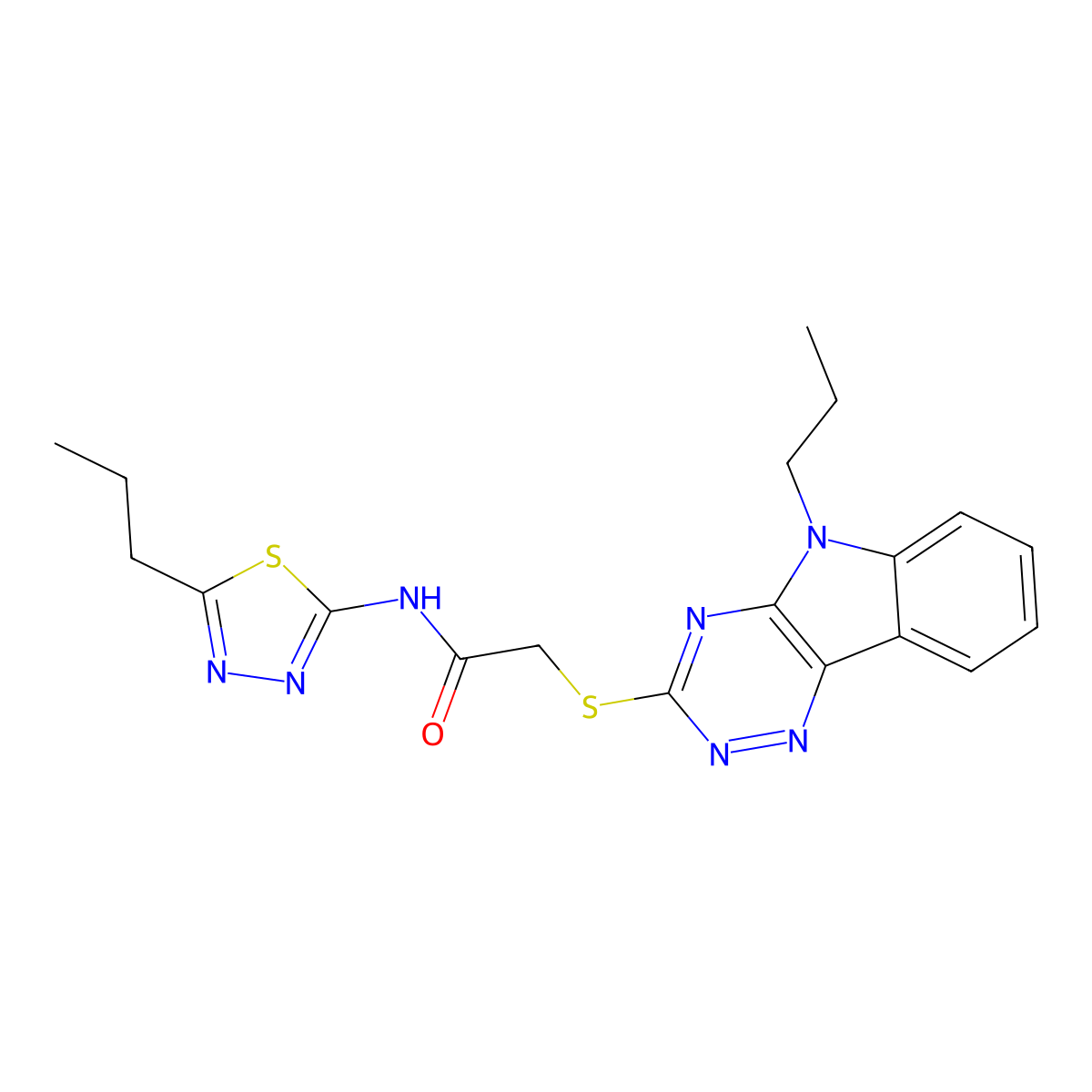 N-(5-propyl-1,3,4-thiadiazol-2-yl)-2-[(5-propyl-[1,2,4]triazino[5,6-b]indol-3-yl)sulfanyl]acetamide molecular structure, CAS 312532-29-9
