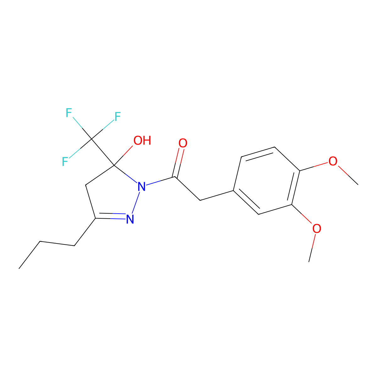 2-(3,4-dimethoxyphenyl)-1-[5-hydroxy-3-propyl-5-(trifluoromethyl)-4H-pyrazol-1-yl]ethanone molecular structure, CAS 312533-24-7