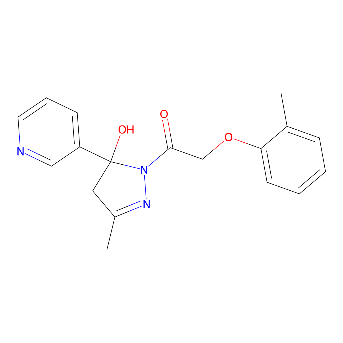 1-(5-hydroxy-3-methyl-5-pyridin-3-yl-4H-pyrazol-1-yl)-2-(2-methylphenoxy)ethanone molecular structure, CAS 312533-29-2