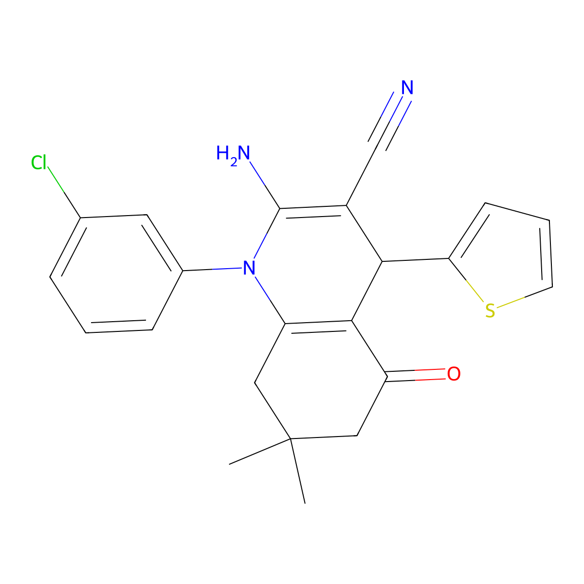 2-Amino-1-(3-chlorophenyl)-7,7-dimethyl-5-oxo-4-(2-thienyl)-1,4,5,6,7,8-hexahydro-3-quinolinecarbonitrile molecular structure, CAS 312535-48-1