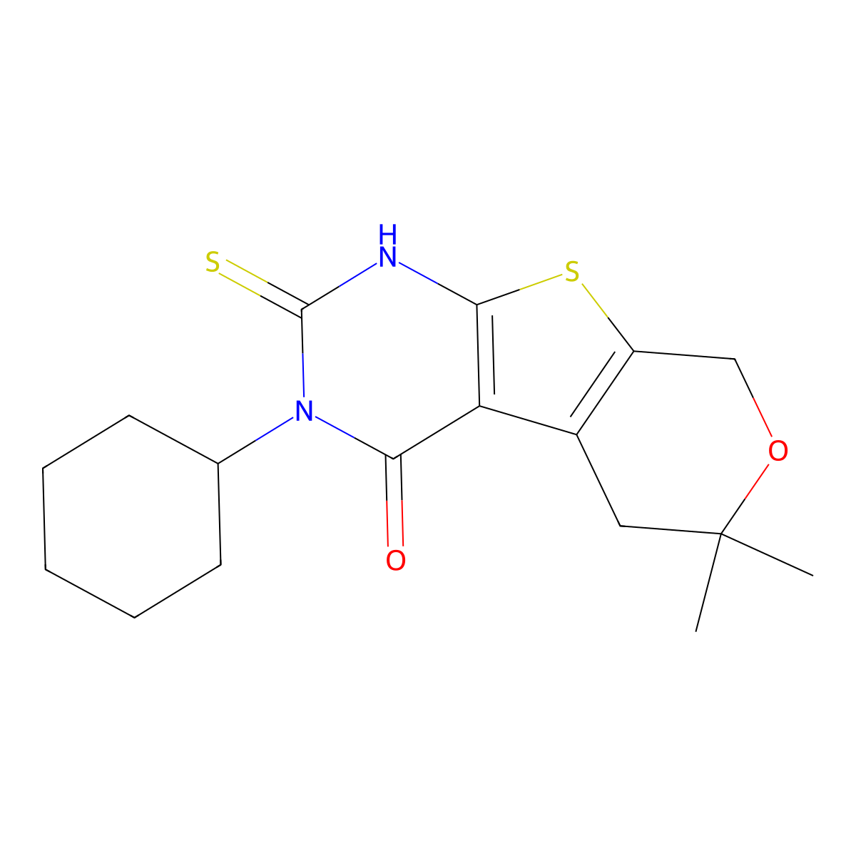 3-cyclohexyl-6,6-dimethyl-2-thioxo-1,2,3,5,6,8-hexahydro-4H-pyrano[4',3':4,5]thieno[2,3-d]pyrimidin-4-one molecular structure, CAS 312536-23-5