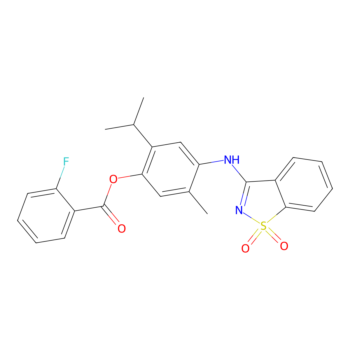 4-[(1,1-dioxo-1H-1,2-benzisothiazol-3-yl)amino]-2-isopropyl-5-methylphenyl 2-fluorobenzoate molecular structure, CAS 312536-54-2