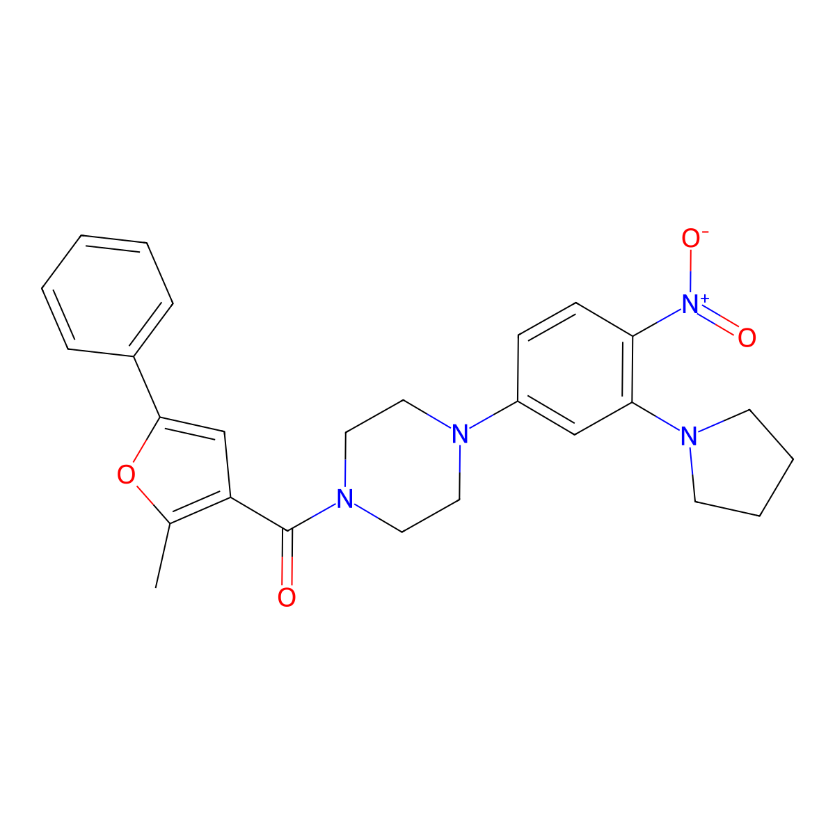 (2-Methyl-5-phenylfuran-3-yl)-[4-(4-nitro-3-pyrrolidin-1-ylphenyl)piperazin-1-yl]methanone molecular structure, CAS 312537-32-9