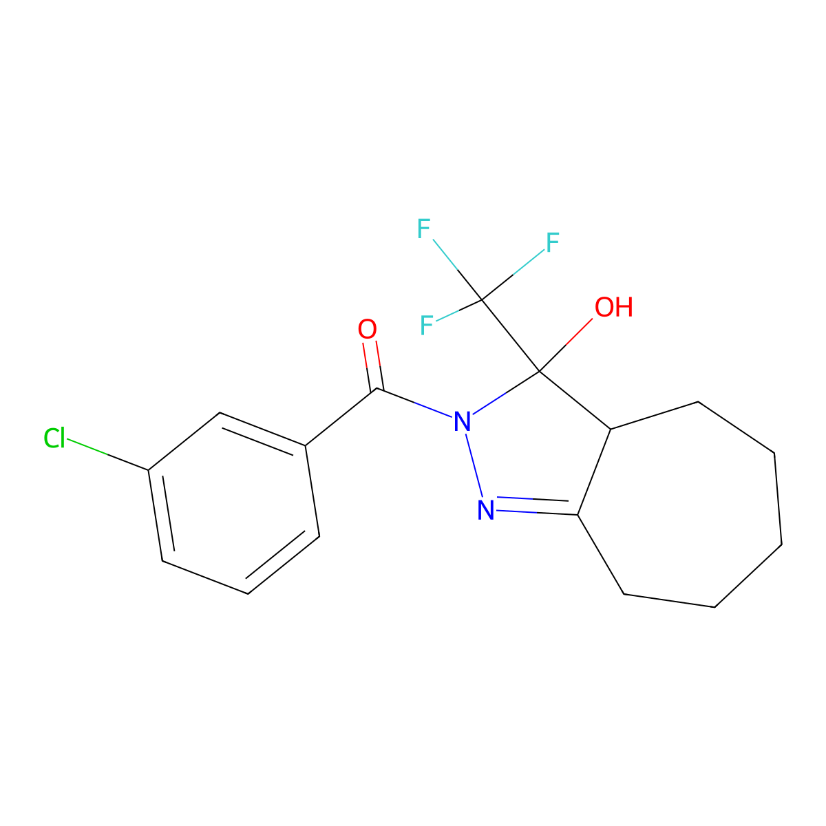 (3-Chlorophenyl)-[3-hydroxy-3-(trifluoromethyl)-3a,4,5,6,7,8-hexahydrocyclohepta[c]pyrazol-2-yl]methanone molecular structure, CAS 312537-81-8