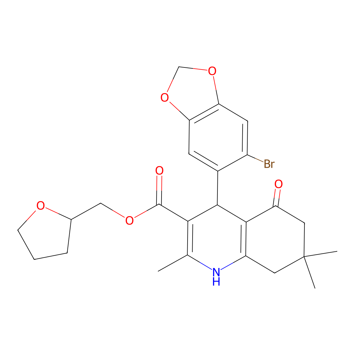 Tetrahydrofuran-2-ylmethyl 4-(6-bromo-1,3-benzodioxol-5-yl)-2,7,7-trimethyl-5-oxo-1,4,5,6,7,8-hexahydroquinoline-3-carboxylate molecular structure, CAS 312584-83-1