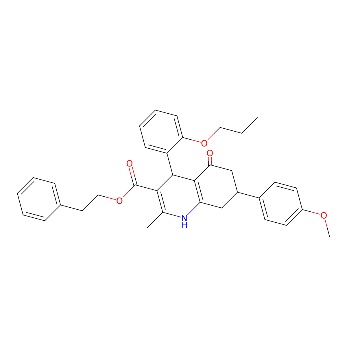 2-Phenylethyl 7-(4-methoxyphenyl)-2-methyl-5-oxo-4-(2-propoxyphenyl)-1,4,5,6,7,8-hexahydroquinoline-3-carboxylate molecular structure, CAS 312584-88-6
