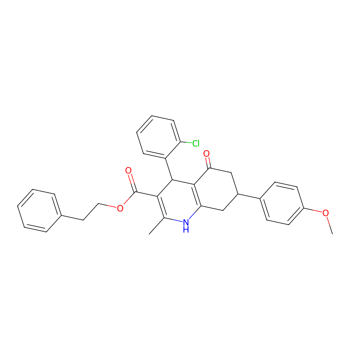 2-Phenylethyl 4-(2-chlorophenyl)-7-(4-methoxyphenyl)-2-methyl-5-oxo-1,4,5,6,7,8-hexahydroquinoline-3-carboxylate molecular structure, CAS 312584-89-7