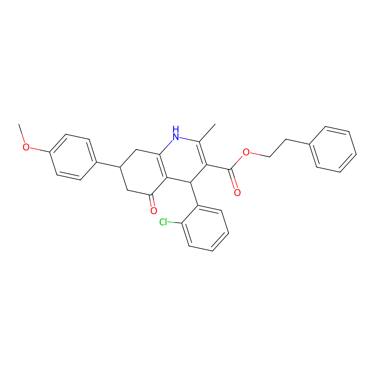 2-Phenylethyl 4-(2-chlorophenyl)-7-(4-methoxyphenyl)-2-methyl-5-oxo-1,4,5,6,7,8-hexahydroquinoline-3-carboxylate molecular structure, CAS 312584-89-7
