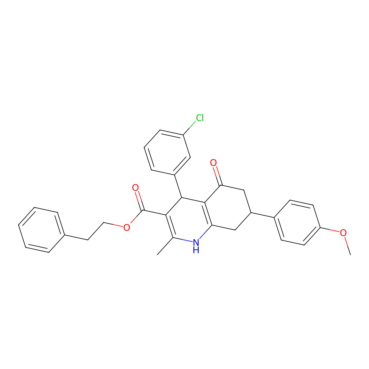 2-Phenylethyl 4-(3-chlorophenyl)-7-(4-methoxyphenyl)-2-methyl-5-oxo-1,4,5,6,7,8-hexahydroquinoline-3-carboxylate molecular structure, CAS 312584-90-0