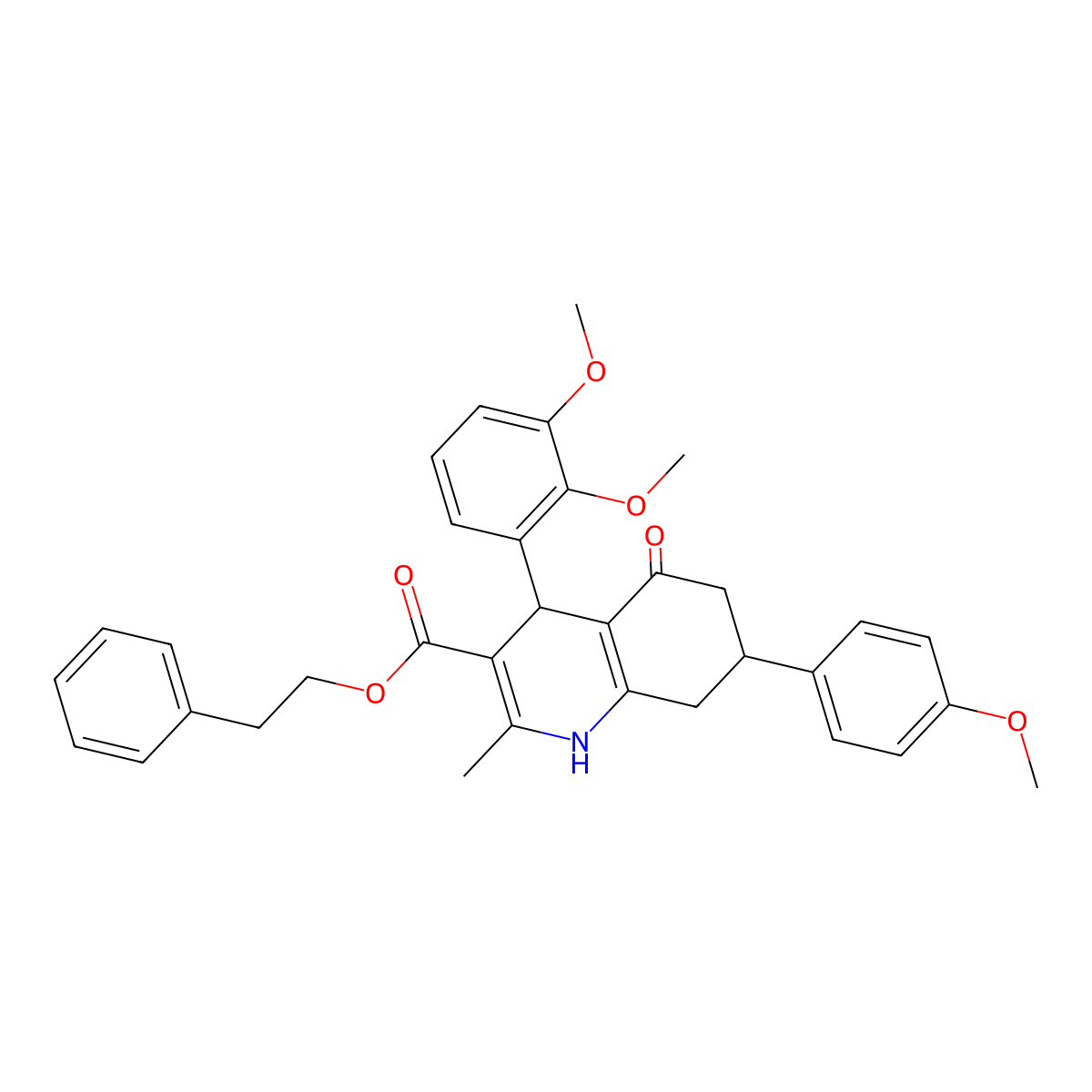 2-Phenylethyl 4-(2,3-dimethoxyphenyl)-7-(4-methoxyphenyl)-2-methyl-5-oxo-1,4,5,6,7,8-hexahydroquinoline-3-carboxylate molecular structure, CAS 312584-91-1