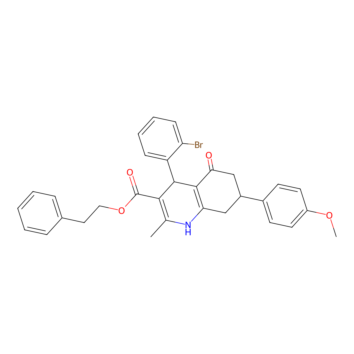 2-Phenylethyl 4-(2-bromophenyl)-7-(4-methoxyphenyl)-2-methyl-5-oxo-1,4,5,6,7,8-hexahydroquinoline-3-carboxylate molecular structure, CAS 312584-93-3