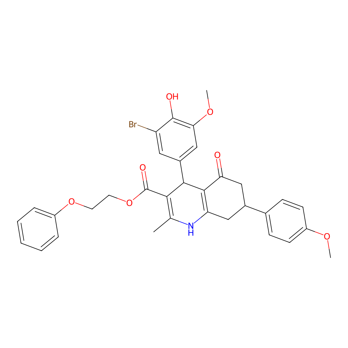 2-Phenoxyethyl 4-(3-bromo-4-hydroxy-5-methoxyphenyl)-7-(4-methoxyphenyl)-2-methyl-5-oxo-1,4,5,6,7,8-hexahydroquinoline-3-carboxylate molecular structure, CAS 312584-96-6