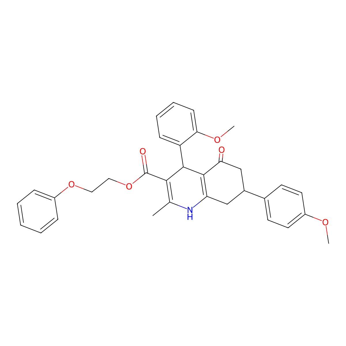 2-Phenoxyethyl 4-(2-methoxyphenyl)-7-(4-methoxyphenyl)-2-methyl-5-oxo-1,4,5,6,7,8-hexahydroquinoline-3-carboxylate molecular structure, CAS 312584-97-7