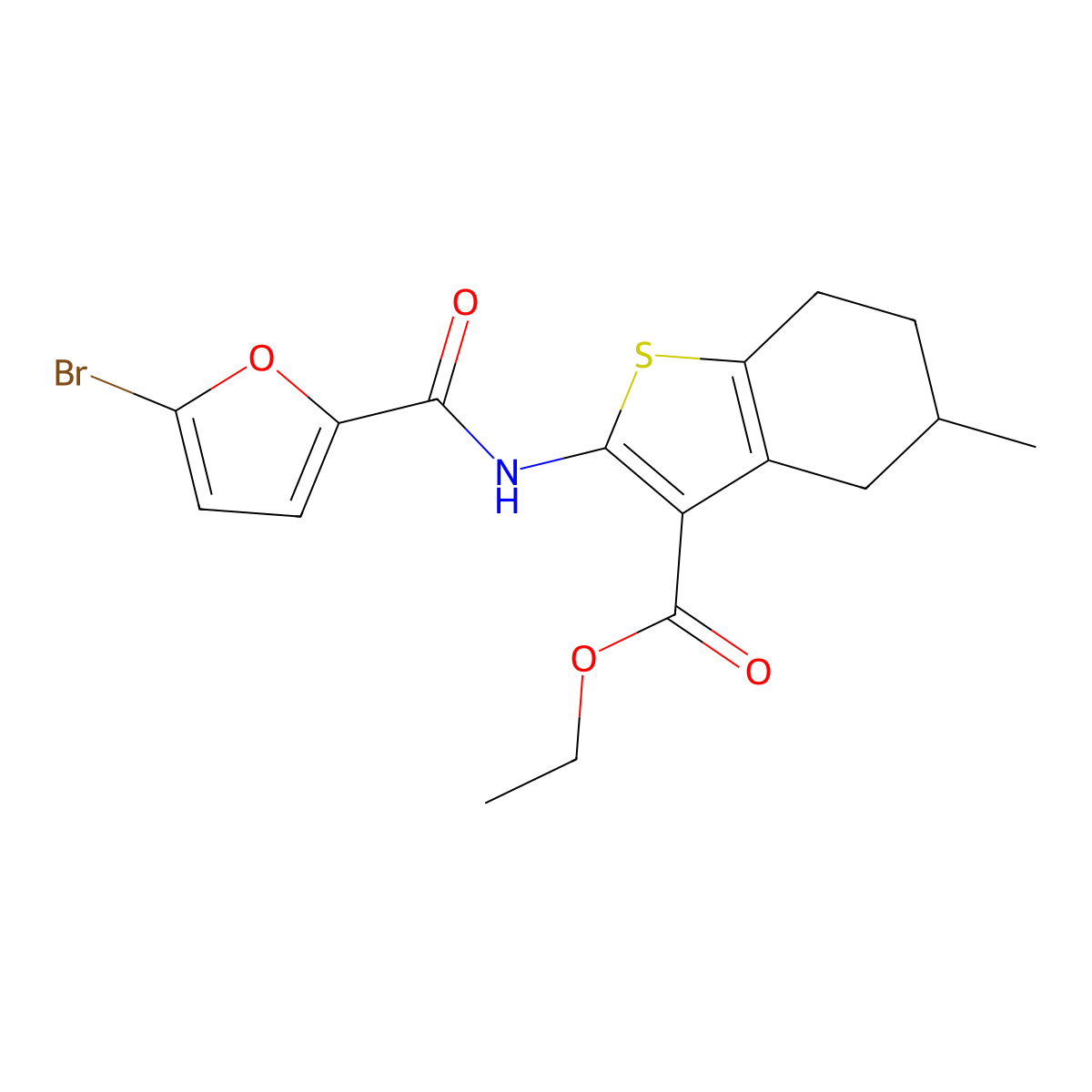 Ethyl 2-[(5-bromofuran-2-carbonyl)amino]-5-methyl-4,5,6,7-tetrahydro-1-benzothiophene-3-carboxylate molecular structure, CAS 312585-07-2