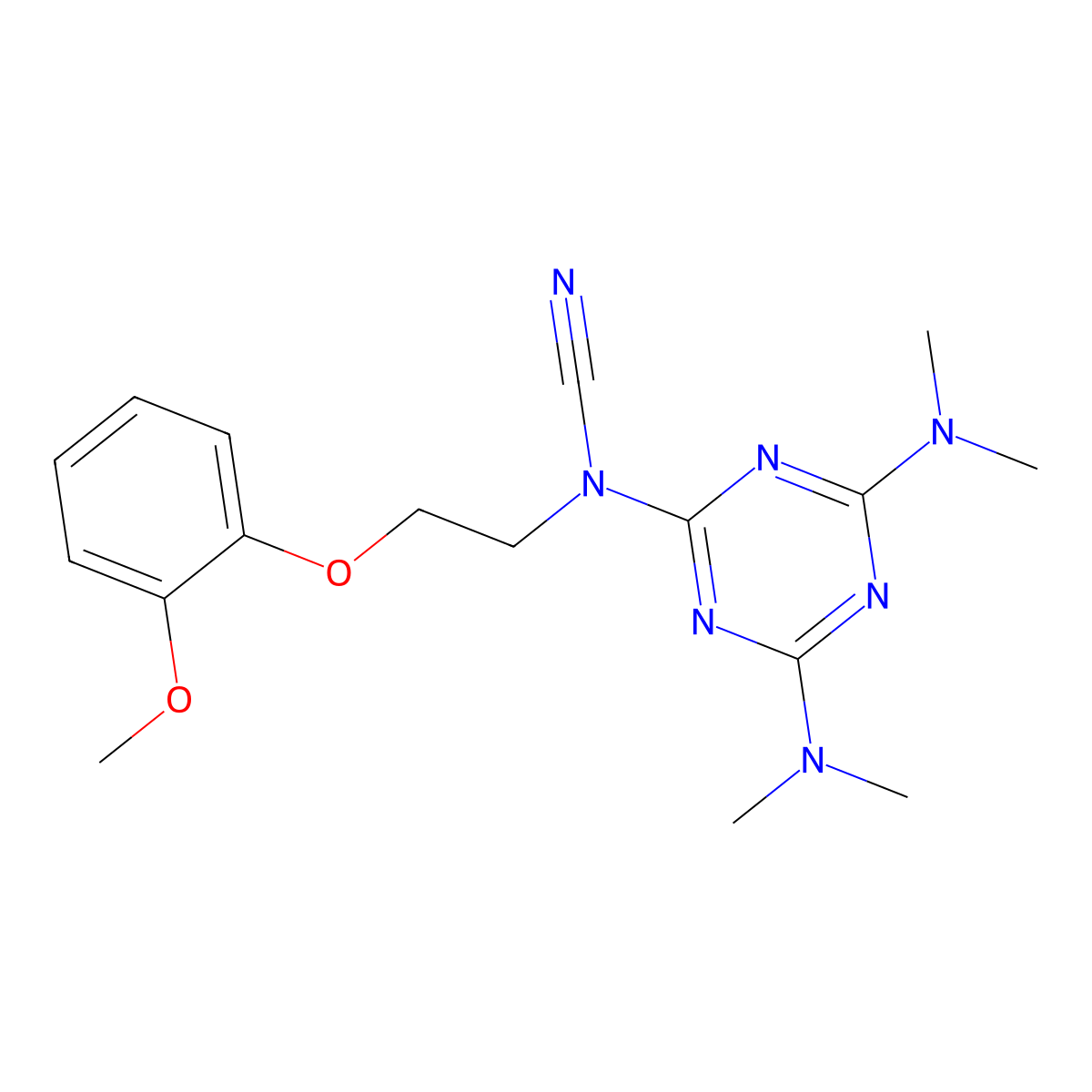 [4,6-Bis(dimethylamino)-1,3,5-triazin-2-yl]-[2-(2-methoxyphenoxy)ethyl]cyanamide molecular structure, CAS 312585-16-3