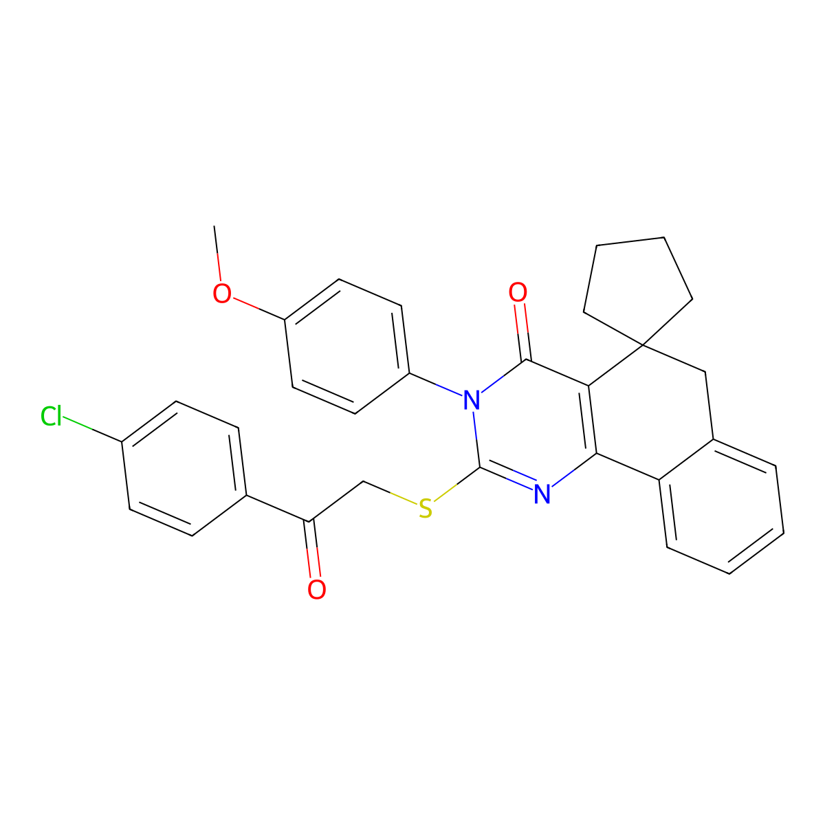 2-[2-(4-chlorophenyl)-2-oxoethyl]sulfanyl-3-(4-methoxyphenyl)spiro[6H-benzo[h]quinazoline-5,1'-cyclopentane]-4-one molecular structure, CAS 312585-37-8