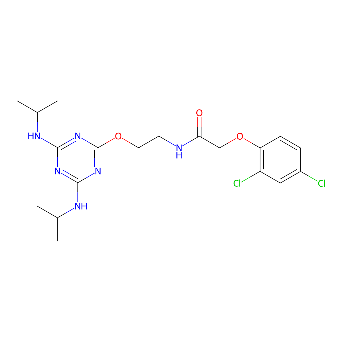 N-[2-[[4,6-bis(propan-2-ylamino)-1,3,5-triazin-2-yl]oxy]ethyl]-2-(2,4-dichlorophenoxy)acetamide molecular structure, CAS 312585-39-0